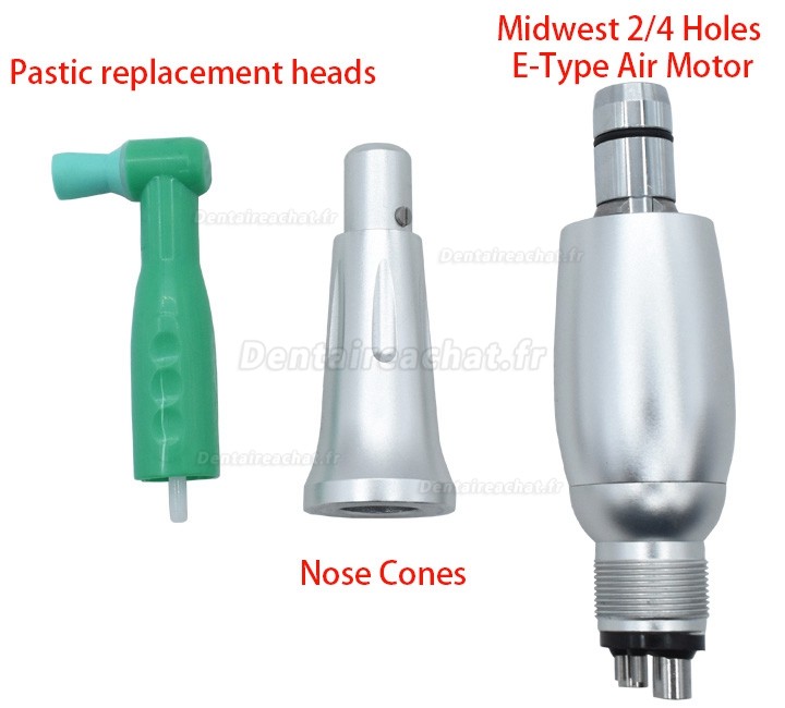 Pièce à main de prophylaxie 4:1 dentaire (3 cônes de nez + kit de moteur pneumatique de type E+ 50 têtes de rechange en plastique)